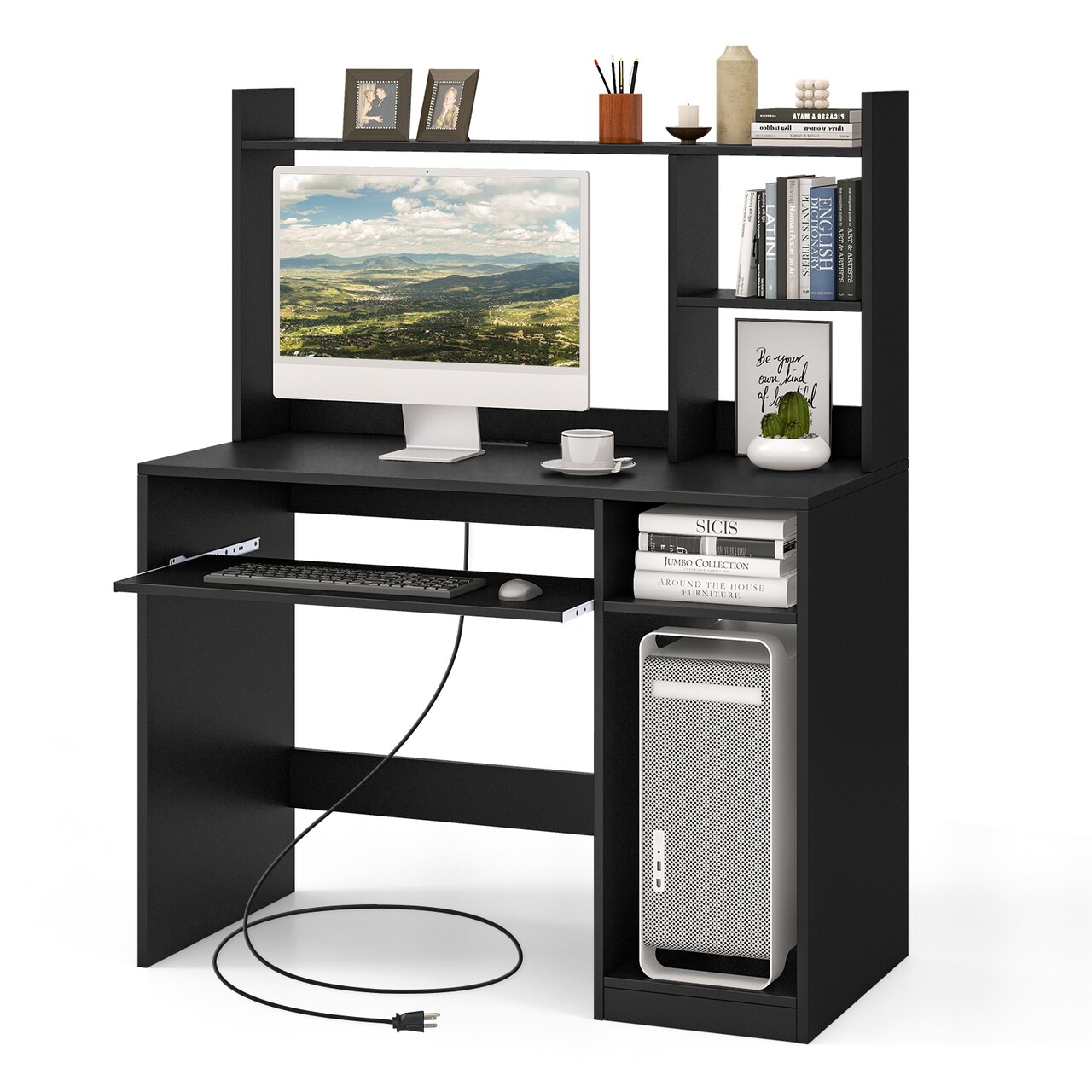 Costway Computer Desk Study Bookcase Workstation with Charging Station Hutch & CPU Stand